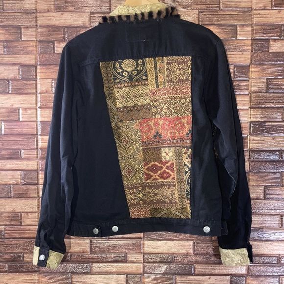Y2K Taylor G Dallas Tx Black Denim Jacket W/ Upholstery Designs Womens Medium - Picture 2 of 9